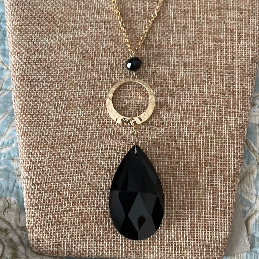 Necklace with black faceted crystals and large black teardrop crystal pendant